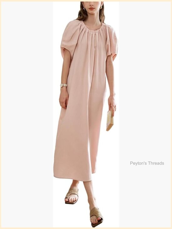 Dresses & Skirts - Puff Sleeve Loose Maxi Dress, Elastic Crew Neck, Pleated Casual Midi Dress